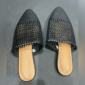 American Eagle Woven Faux Leather Black Slides, 7.5